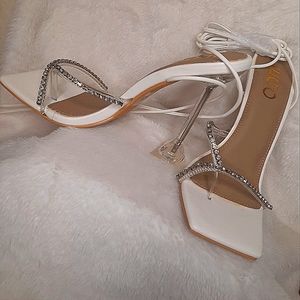 White Rhinestone Square Head High Heels